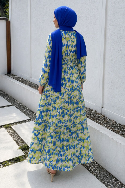 Pat Detaylı Yaprak Desenli Elbise TSD260261 Mavi - 6