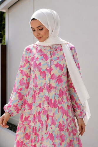 Pat Detaylı Yaprak Desenli Elbise TSD260261 Pembe - Tesettür Dünyası (1)