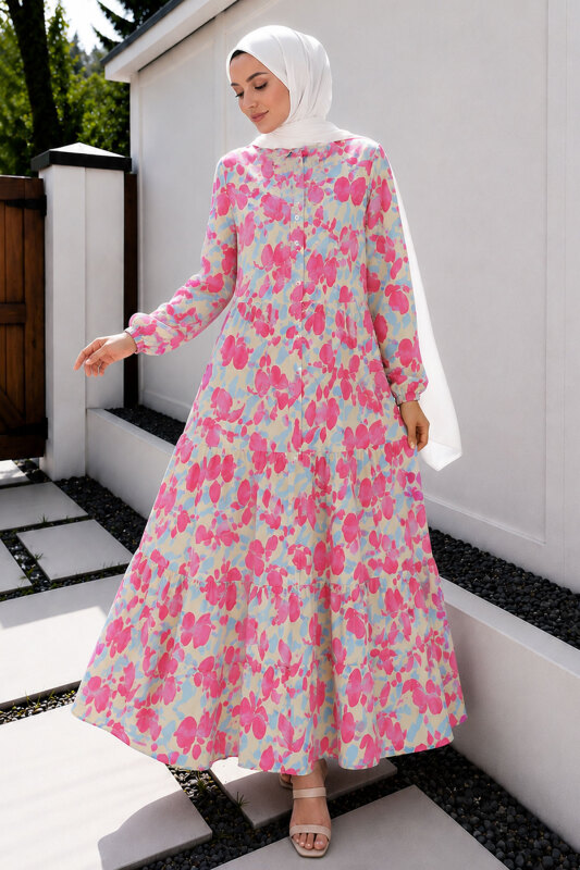 Pat Detaylı Yaprak Desenli Elbise TSD260261 Pembe - 3