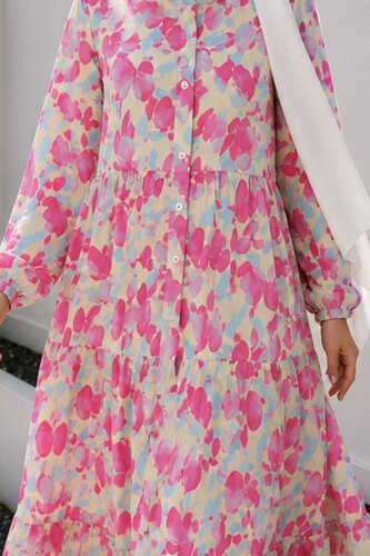 Pat Detaylı Yaprak Desenli Elbise TSD260261 Pembe - 4