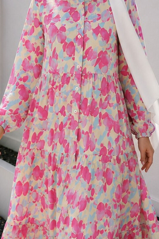 Pat Detaylı Yaprak Desenli Elbise TSD260261 Pembe - 4