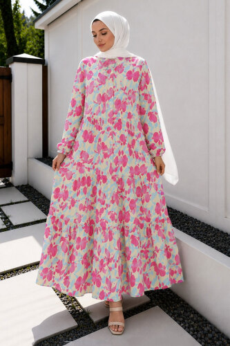 Pat Detaylı Yaprak Desenli Elbise TSD260261 Pembe - 5