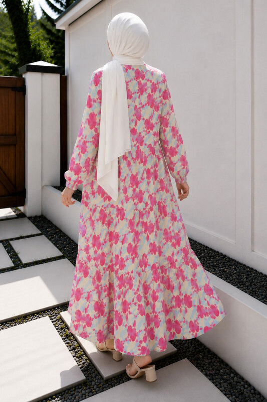 Pat Detaylı Yaprak Desenli Elbise TSD260261 Pembe - 6