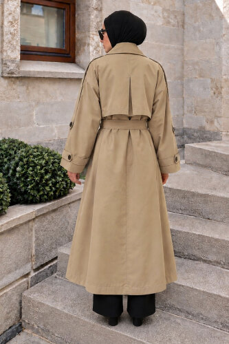 Pelerin Detaylı Oversize Trençkot TSD260392 Bej - 6