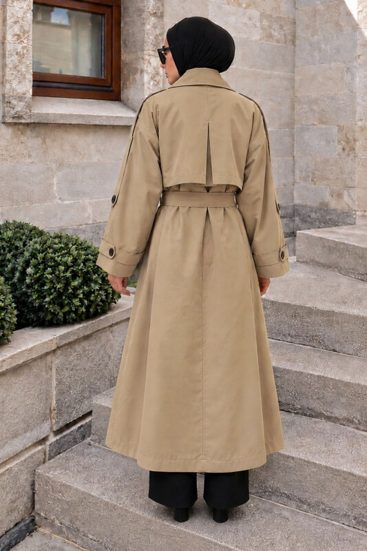 Pelerin Detaylı Oversize Trençkot TSD260392 Bej - 6