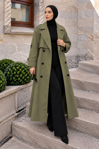 Pelerin Detaylı Oversize Trençkot TSD260392 Haki - 5