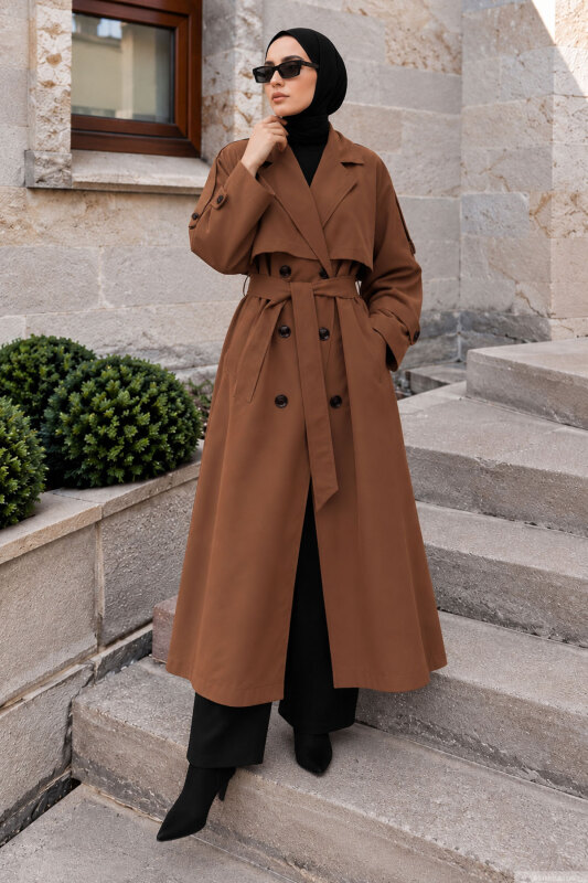 Pelerin Detaylı Oversize Trençkot TSD260392 Kahverengi - 3
