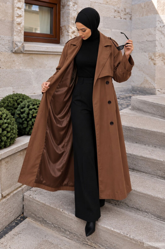 Pelerin Detaylı Oversize Trençkot TSD260392 Kahverengi - 4