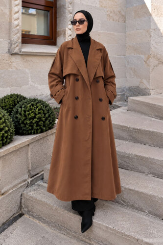 Pelerin Detaylı Oversize Trençkot TSD260392 Kahverengi - 5