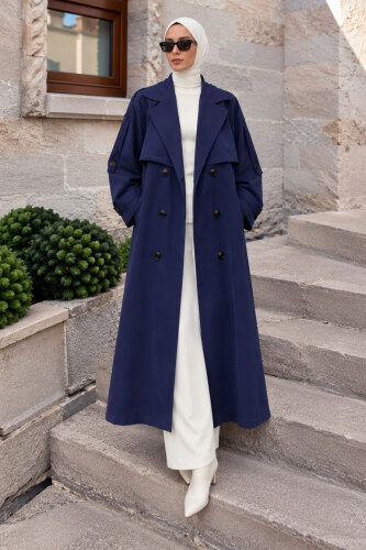 Pelerin Detaylı Oversize Trençkot TSD260392 Lacivert 