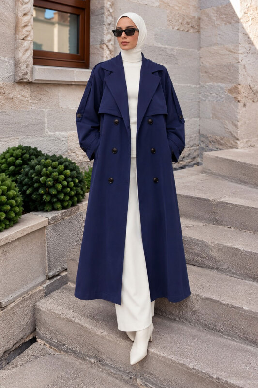 Pelerin Detaylı Oversize Trençkot TSD260392 Lacivert - Tesettür Dünyası