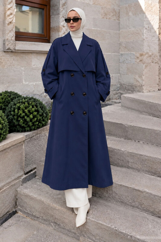 Pelerin Detaylı Oversize Trençkot TSD260392 Lacivert - 3