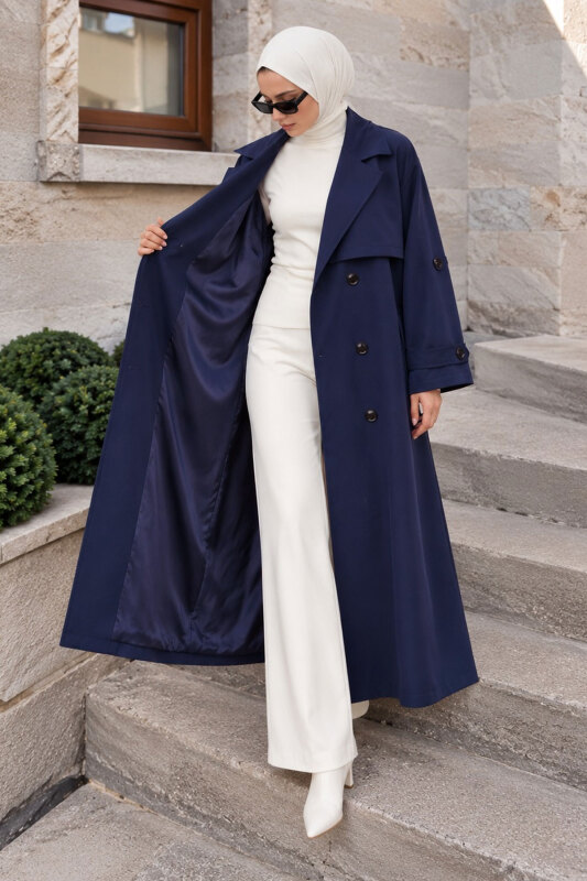 Pelerin Detaylı Oversize Trençkot TSD260392 Lacivert - 4
