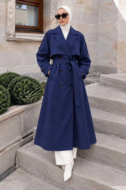 Pelerin Detaylı Oversize Trençkot TSD260392 Lacivert - 5