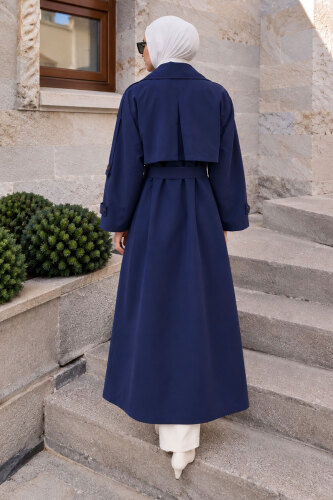 Pelerin Detaylı Oversize Trençkot TSD260392 Lacivert - 6