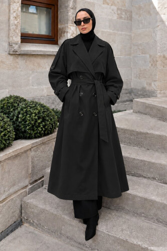 Pelerin Detaylı Oversize Trençkot TSD260392 Siyah 