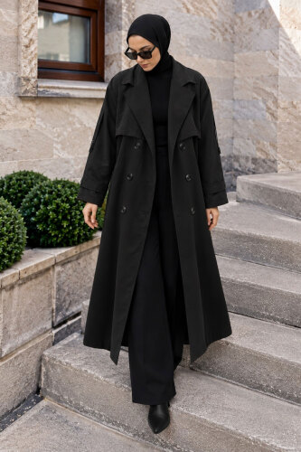 Pelerin Detaylı Oversize Trençkot TSD260392 Siyah - 3