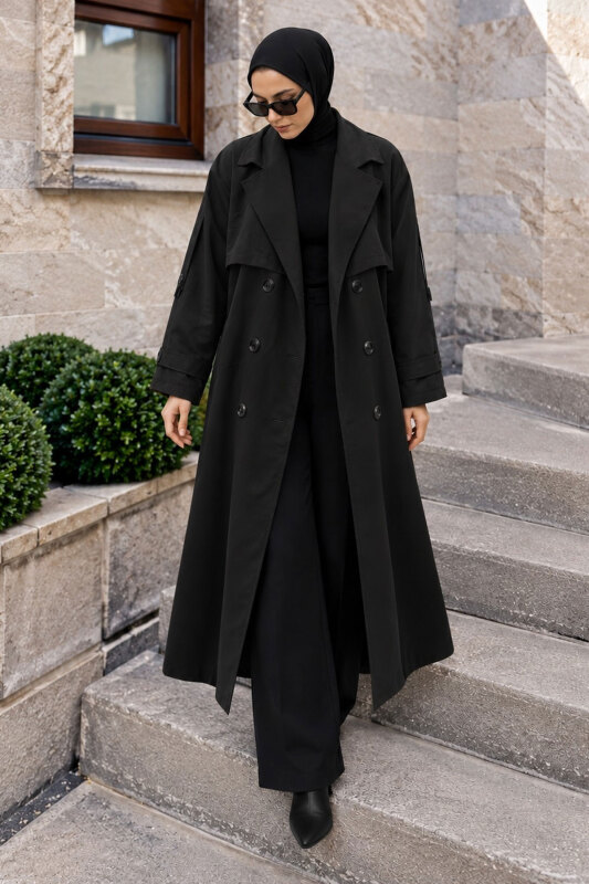 Pelerin Detaylı Oversize Trençkot TSD260392 Siyah - 3