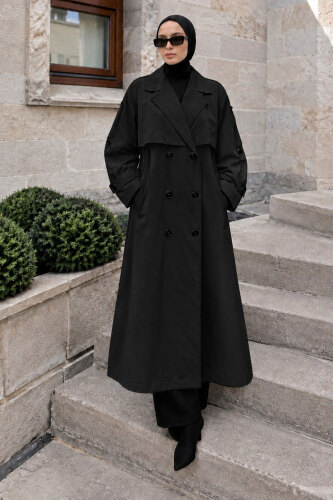 Pelerin Detaylı Oversize Trençkot TSD260392 Siyah - 4