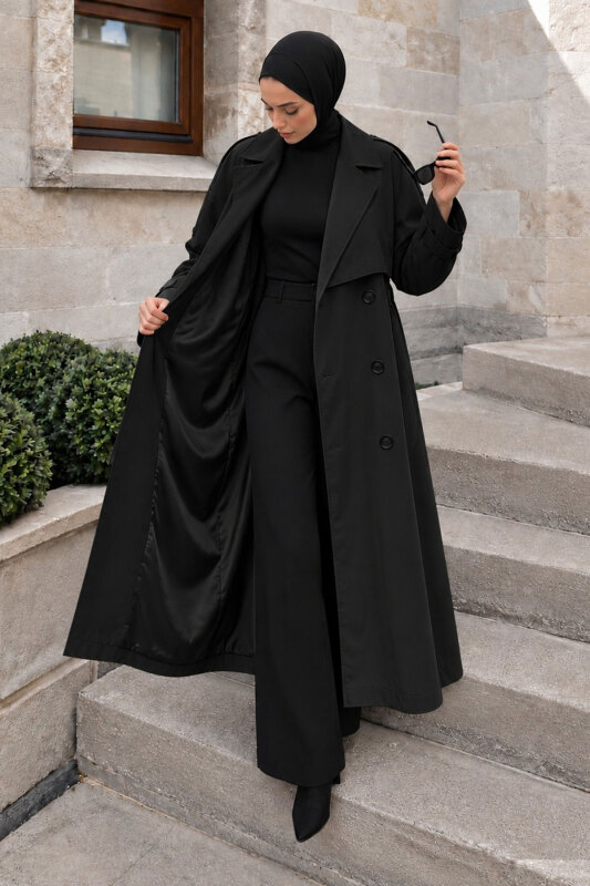 Pelerin Detaylı Oversize Trençkot TSD260392 Siyah - 5