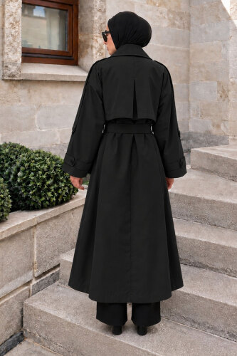 Pelerin Detaylı Oversize Trençkot TSD260392 Siyah - 6