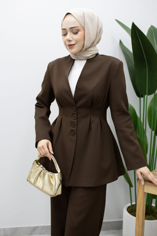 Pensli Belden Oturtmalı Blazer Takım TSD260227 Kahverengi - 3