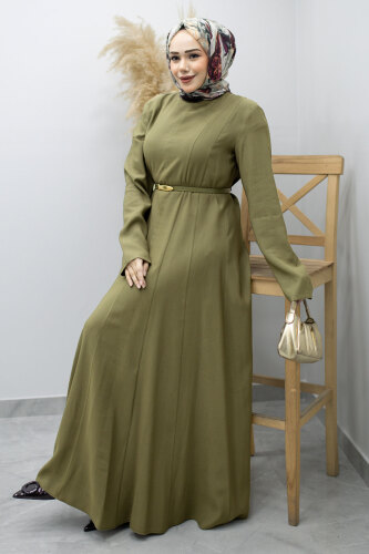 Pensli Hakim Yaka Kemerli Elbise TSD260184 Haki - TESETTÜR DÜNYASI