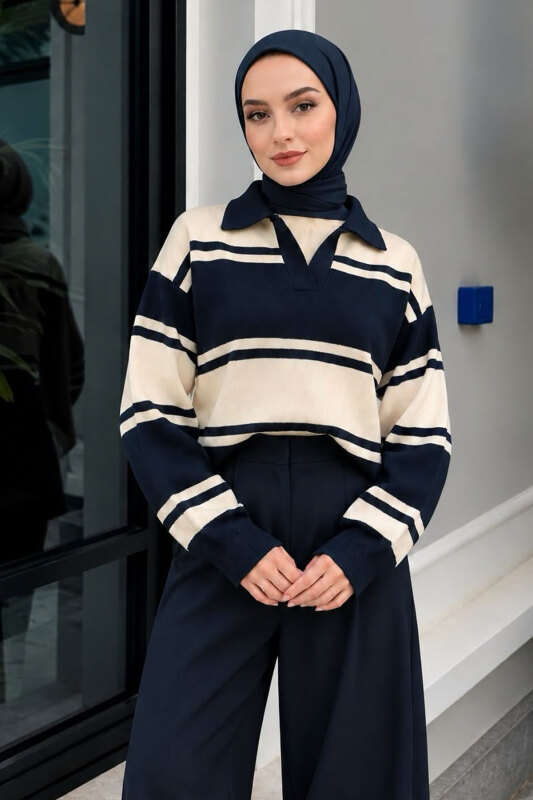 Polo Yaka Çizgili Kazak TSD260379 Lacivert - Tesettür Dünyası