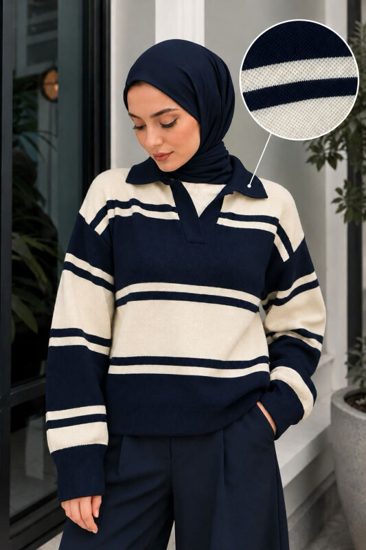 Polo Yaka Çizgili Kazak TSD260379 Lacivert - Tesettür Dünyası (1)