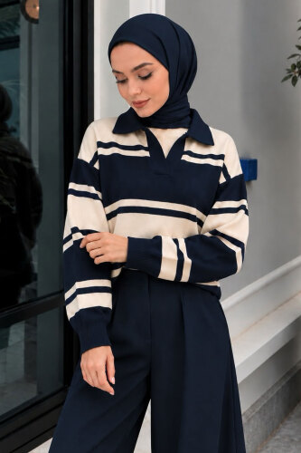 Polo Yaka Çizgili Kazak TSD260379 Lacivert - 3