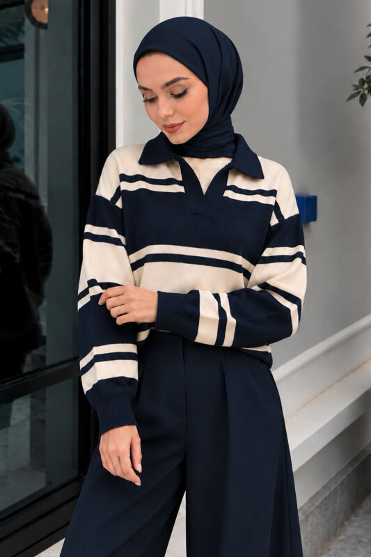 Polo Yaka Çizgili Kazak TSD260379 Lacivert - 3