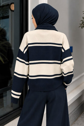 Polo Yaka Çizgili Kazak TSD260379 Lacivert - 5
