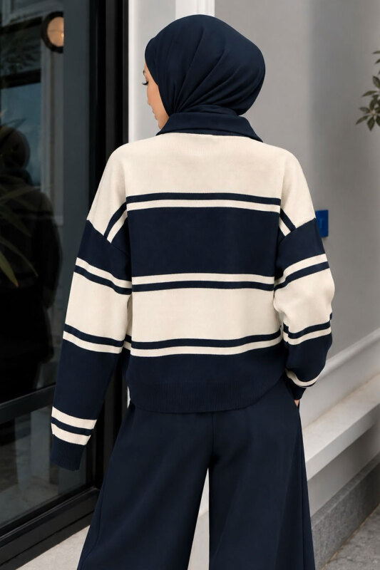 Polo Yaka Çizgili Kazak TSD260379 Lacivert - 5