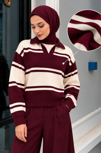 Polo Yaka Çizgili Kazak TSD260379 Mürdüm - 2