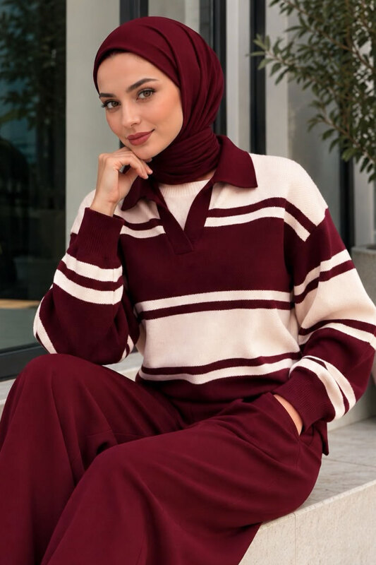 Polo Yaka Çizgili Kazak TSD260379 Mürdüm - 3