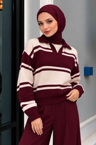 Polo Yaka Çizgili Kazak TSD260379 Mürdüm - 4