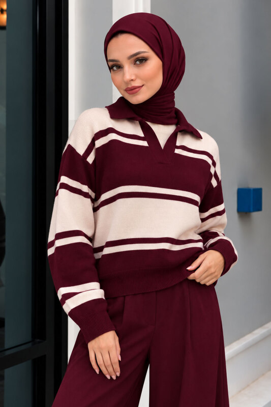 Polo Yaka Çizgili Kazak TSD260379 Mürdüm - 4
