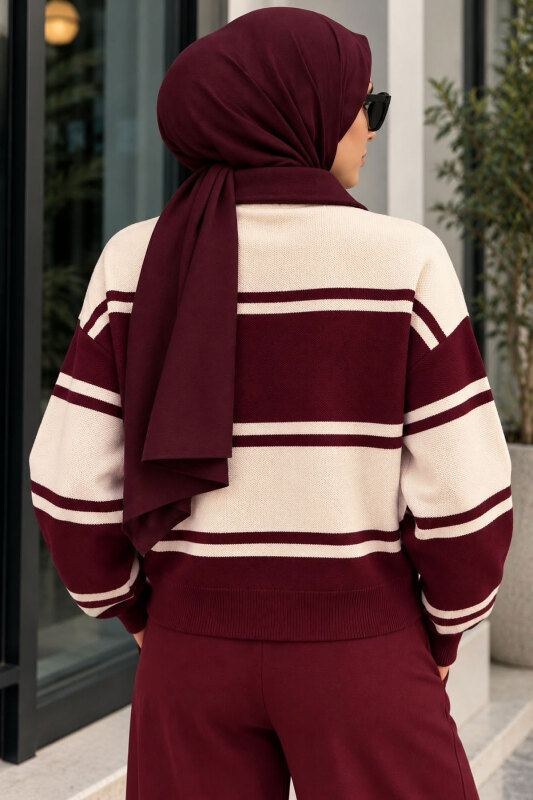 Polo Yaka Çizgili Kazak TSD260379 Mürdüm - 5