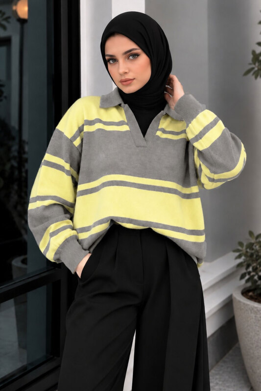 Polo Yaka Çizgili Kazak TSD260379 Sarı - Tesettür Dünyası