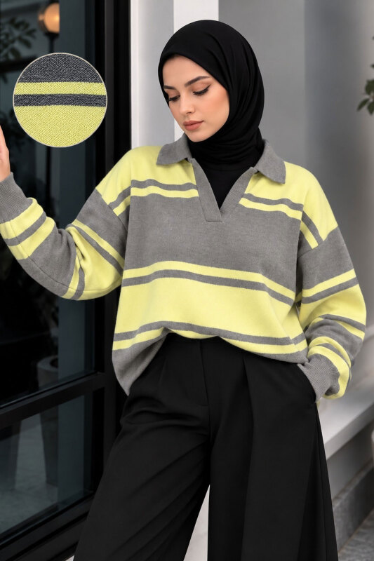 Polo Yaka Çizgili Kazak TSD260379 Sarı - Tesettür Dünyası (1)