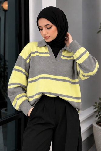 Polo Yaka Çizgili Kazak TSD260379 Sarı - 3