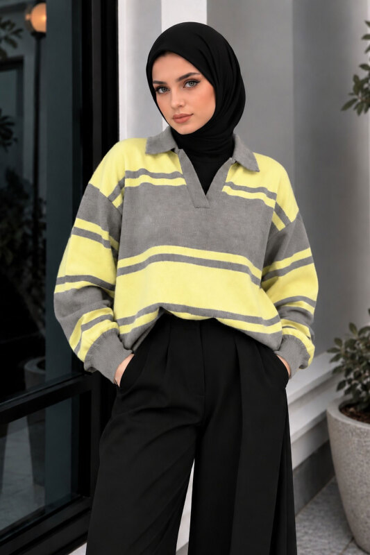 Polo Yaka Çizgili Kazak TSD260379 Sarı - 4