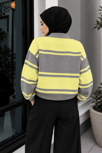 Polo Yaka Çizgili Kazak TSD260379 Sarı - 5