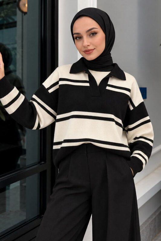 Polo Yaka Çizgili Kazak TSD260379 Siyah - Tesettür Dünyası