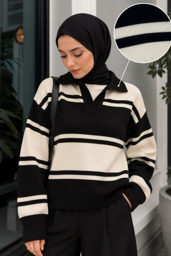 Polo Yaka Çizgili Kazak TSD260379 Siyah - Tesettür Dünyası (1)