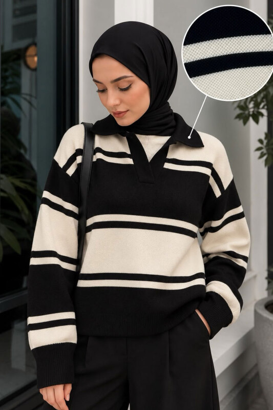 Polo Yaka Çizgili Kazak TSD260379 Siyah - Tesettür Dünyası (1)