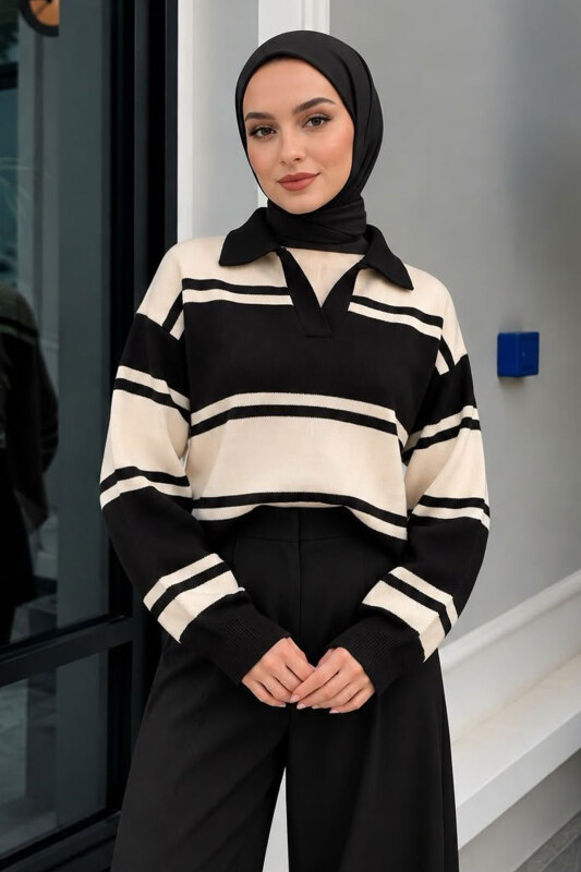 Polo Yaka Çizgili Kazak TSD260379 Siyah - 4