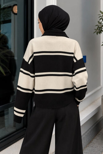 Polo Yaka Çizgili Kazak TSD260379 Siyah - 5