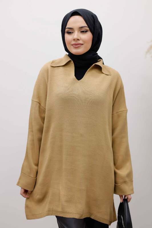 Polo Yaka Triko Tunik TSD260116 Camel - TESETTÜR DÜNYASI (1)