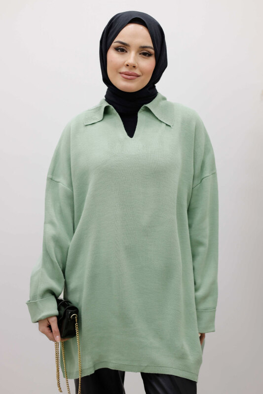 Polo Yaka Triko Tunik TSD260116 Mint Yeşili - TESETTÜR DÜNYASI (1)